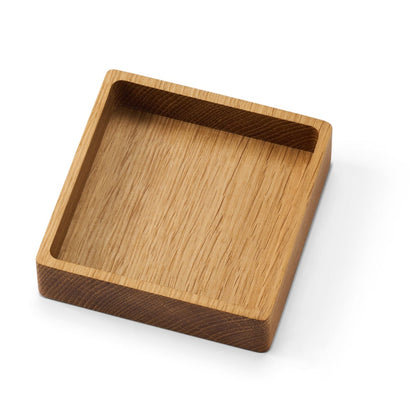 LIND DNA Square recycled leather coaster box oak nature top view.