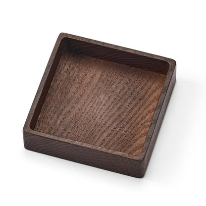 LIND DNA Square recycled leather coaster box oak smoked top view.