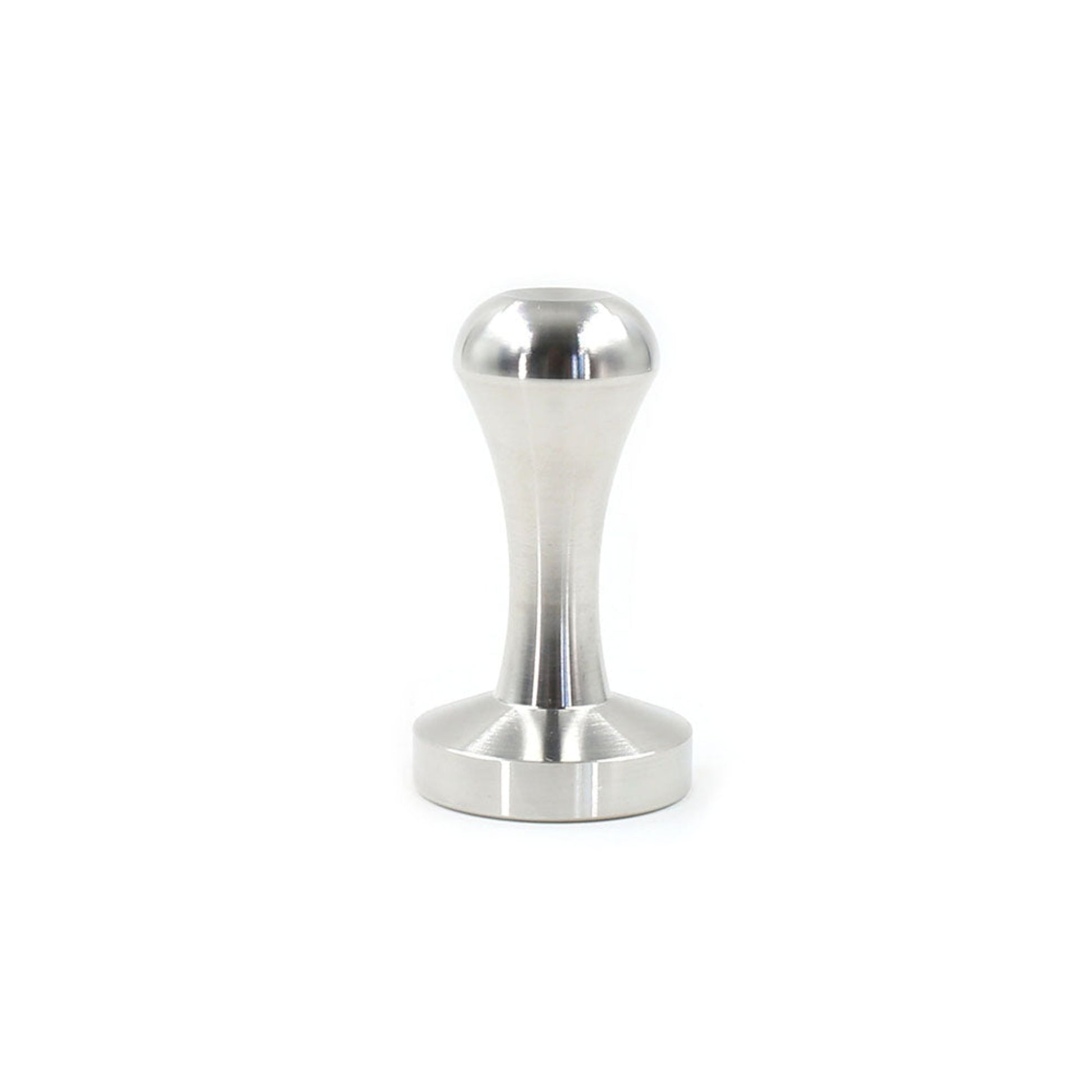 An upright marine-grade 316 stainless steel espresso coffee packing tamper showing its flat base and ergonomic handle design.
