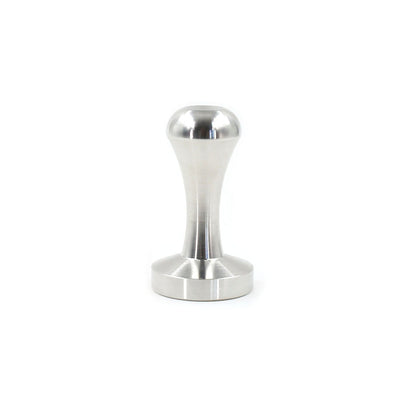 An upright marine-grade 316 stainless steel espresso coffee packing tamper showing its flat base and ergonomic handle design.