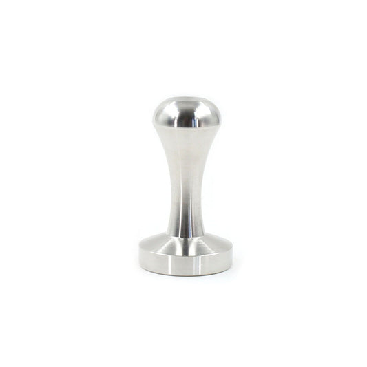 An upright marine-grade 316 stainless steel espresso coffee packing tamper showing its flat base and ergonomic handle design.