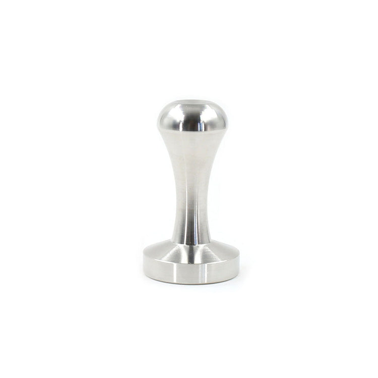 An upright marine-grade 316 stainless steel espresso coffee packing tamper showing its flat base and ergonomic handle design.