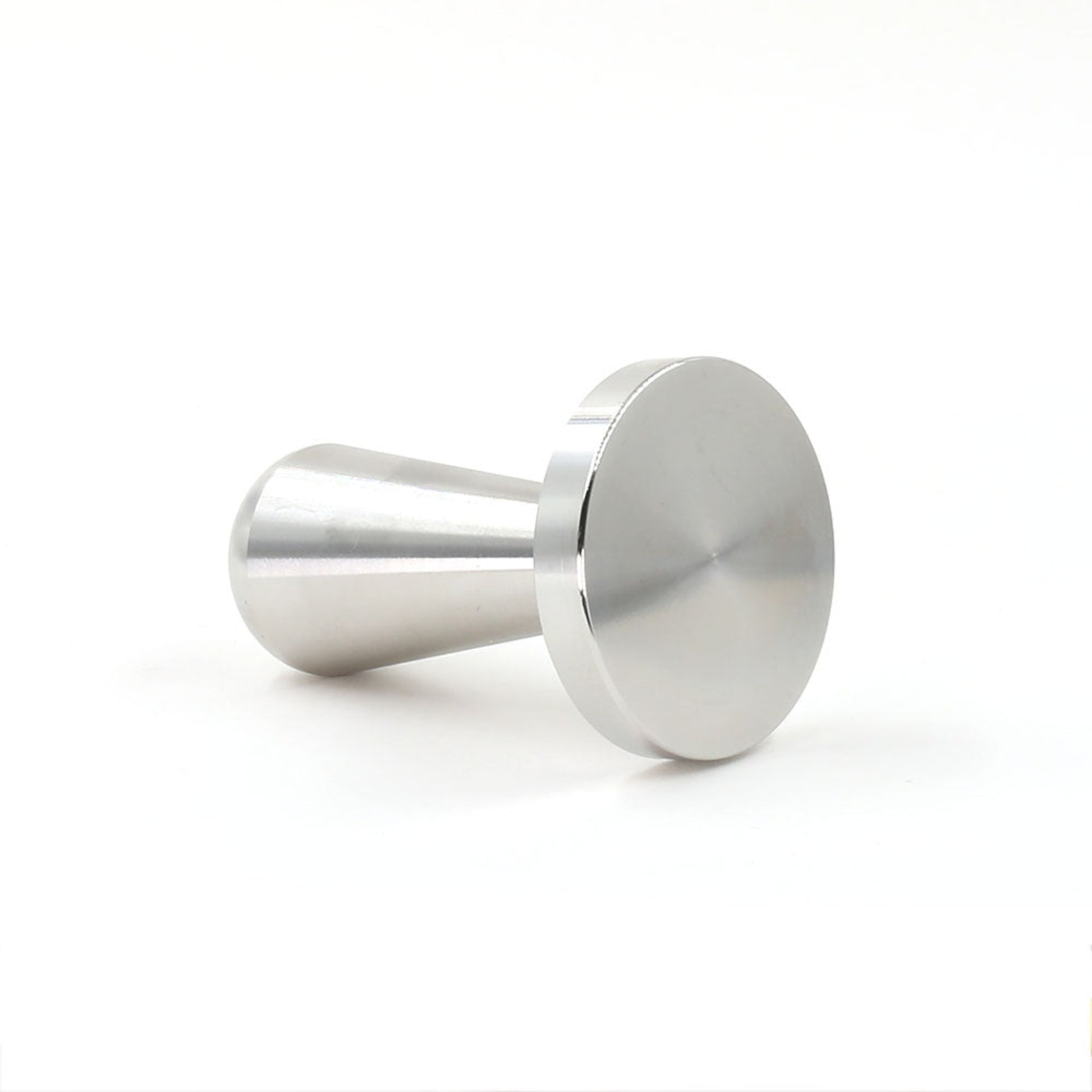 Durable stainless steel espresso packing tool displaying its flat tamping base and ergonomic handle on a white background.