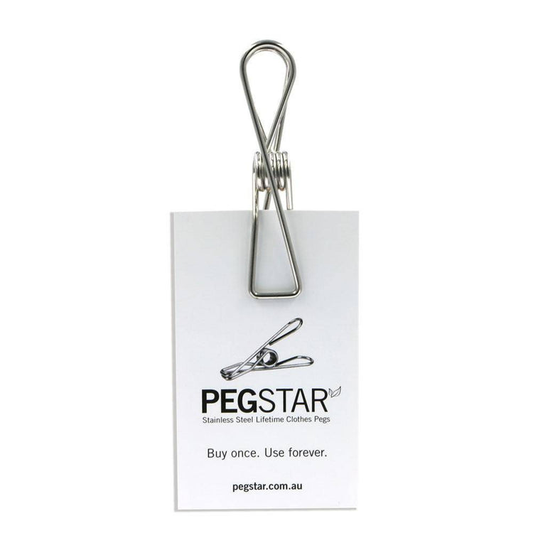 Heavy duty marine grade style stainless steel laundry pegs showing the 76mm length and 2mm wire thickness specification details on a white background.