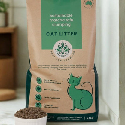 Premium sustainable matcha tofu clumping cat litter bag and bowl shown on a modern kitchen floor.