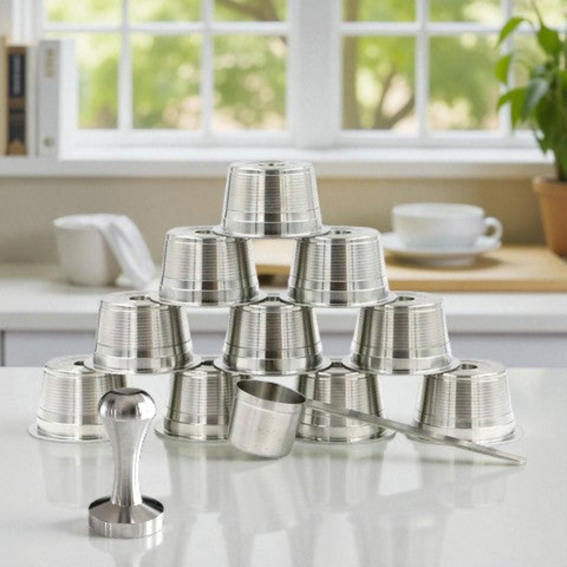 Ten single stainless steel reusable coffee pods with scoop and tamper on a kitchen countertop.