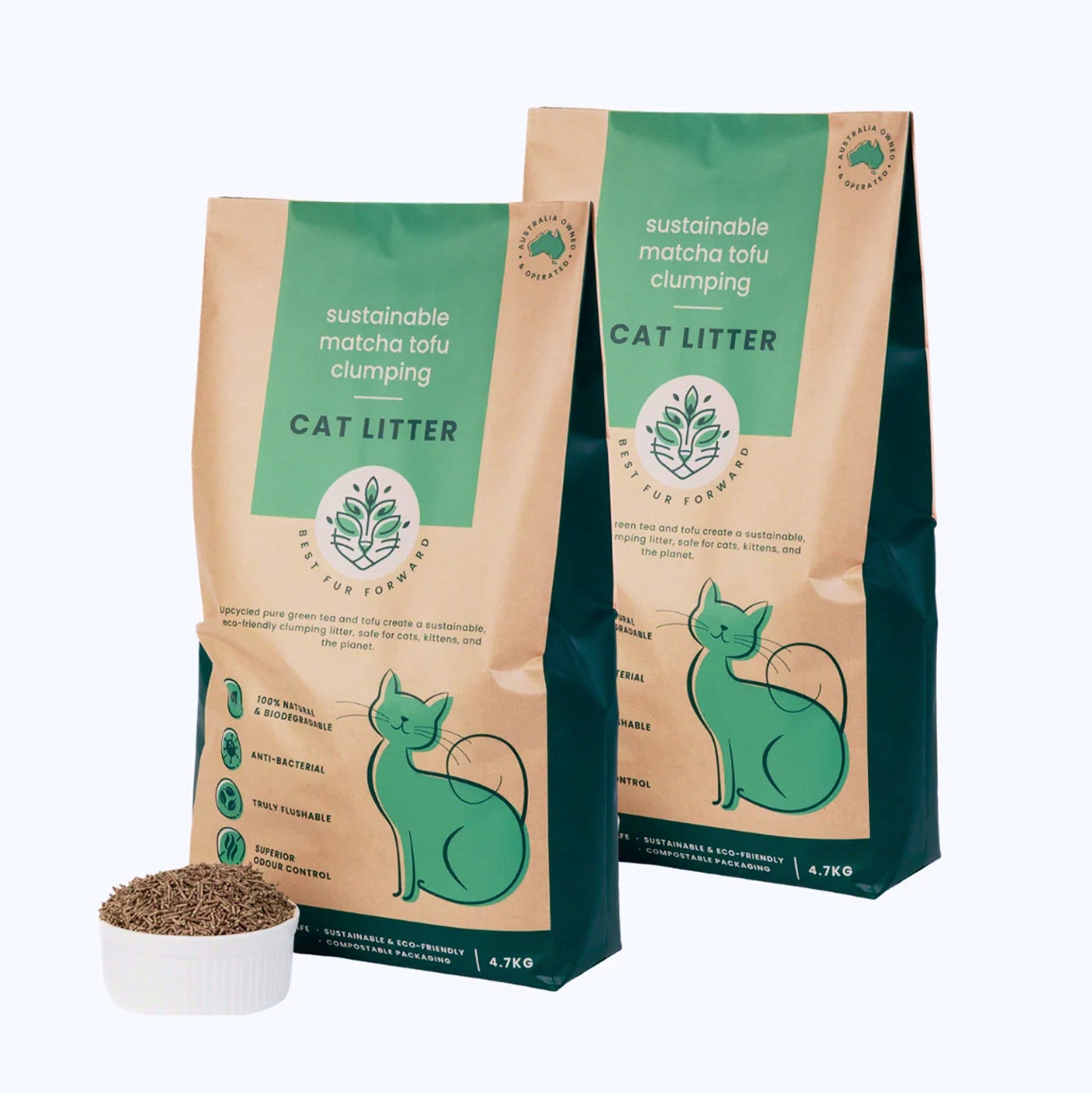 Best Fur Forward two x 4.7kg bag of natural tofu and matcha clumping cat litter with a small bowl displaying the green pellets on a clean white surface.