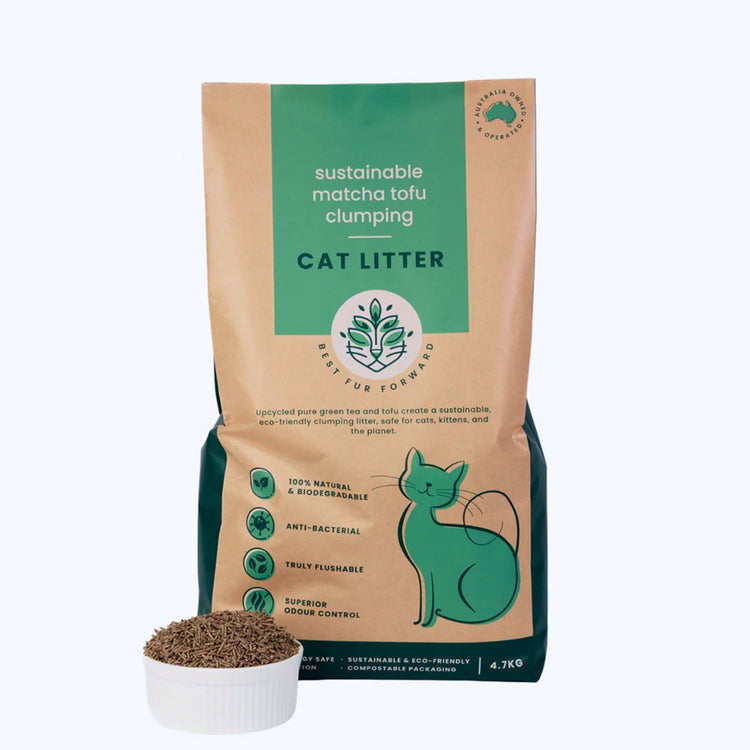 Best Fur Forward 4.7kg bag of natural tofu and matcha clumping cat litter with a small bowl displaying the green pellets on a clean white surface.