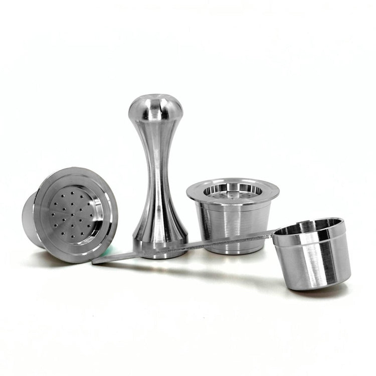 Two single reusable stainless steel coffee capsules compatible with Aldi K-Fee, Caffitaly or Verismo machines with tamper and scoop.