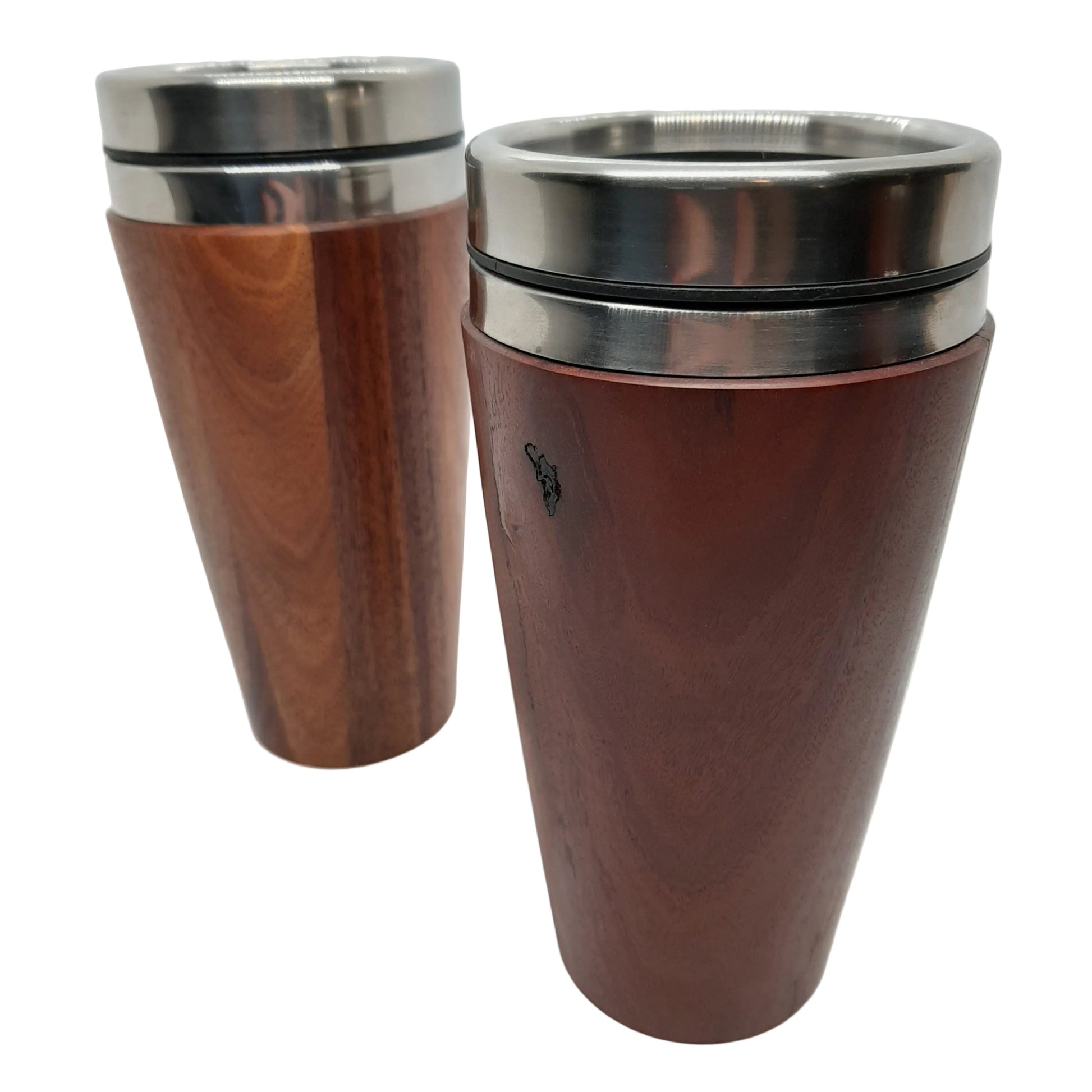 Two insulated hand-turned recycled timber coffee travel mug with a stainless steel interior lining, handcrafted in Australia by Lyons Woodturning showing large size.