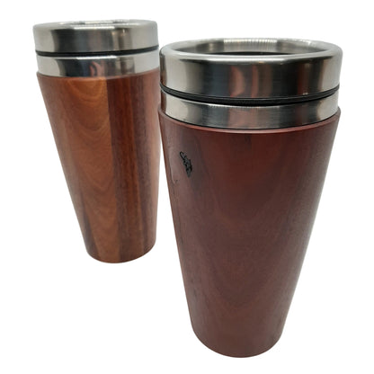 Two insulated hand-turned recycled timber coffee travel mug with a stainless steel interior lining, handcrafted in Australia by Lyons Woodturning showing large size.