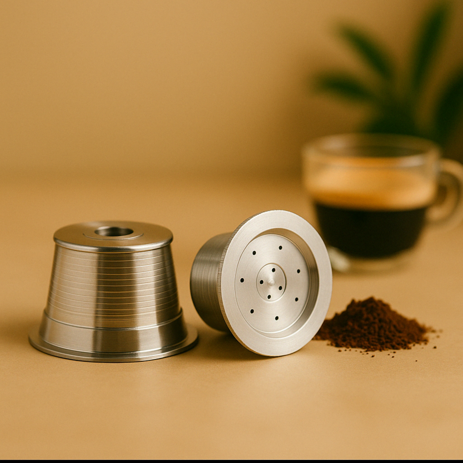 2 Reusable Stainless Steel Coffee Capsules with a cup of coffee  on a kitchen bench with coffee grounds.