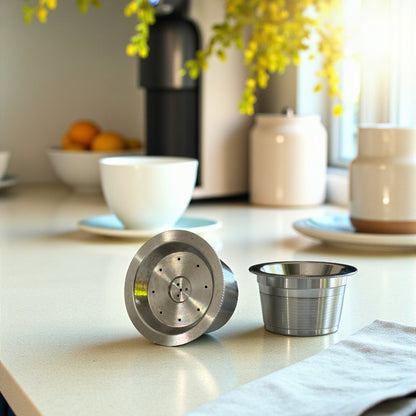 2 Reusable Stainless Steel Coffee Capsules on a kitchen bench with a coffee cup and napkin.