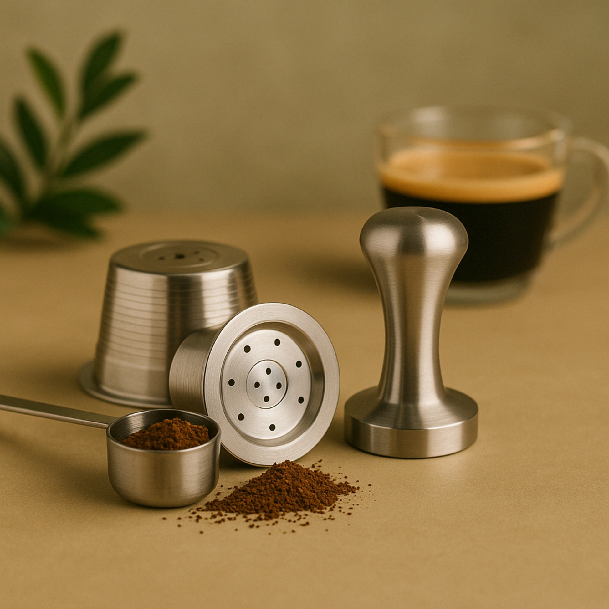 Two single stainless steel reusable coffee pods with a tamper and scoop next to a cup of coffee on a countertop with grounds.