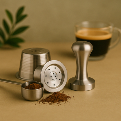 Two single stainless steel reusable coffee pods with a tamper and scoop next to a cup of coffee on a countertop with grounds.