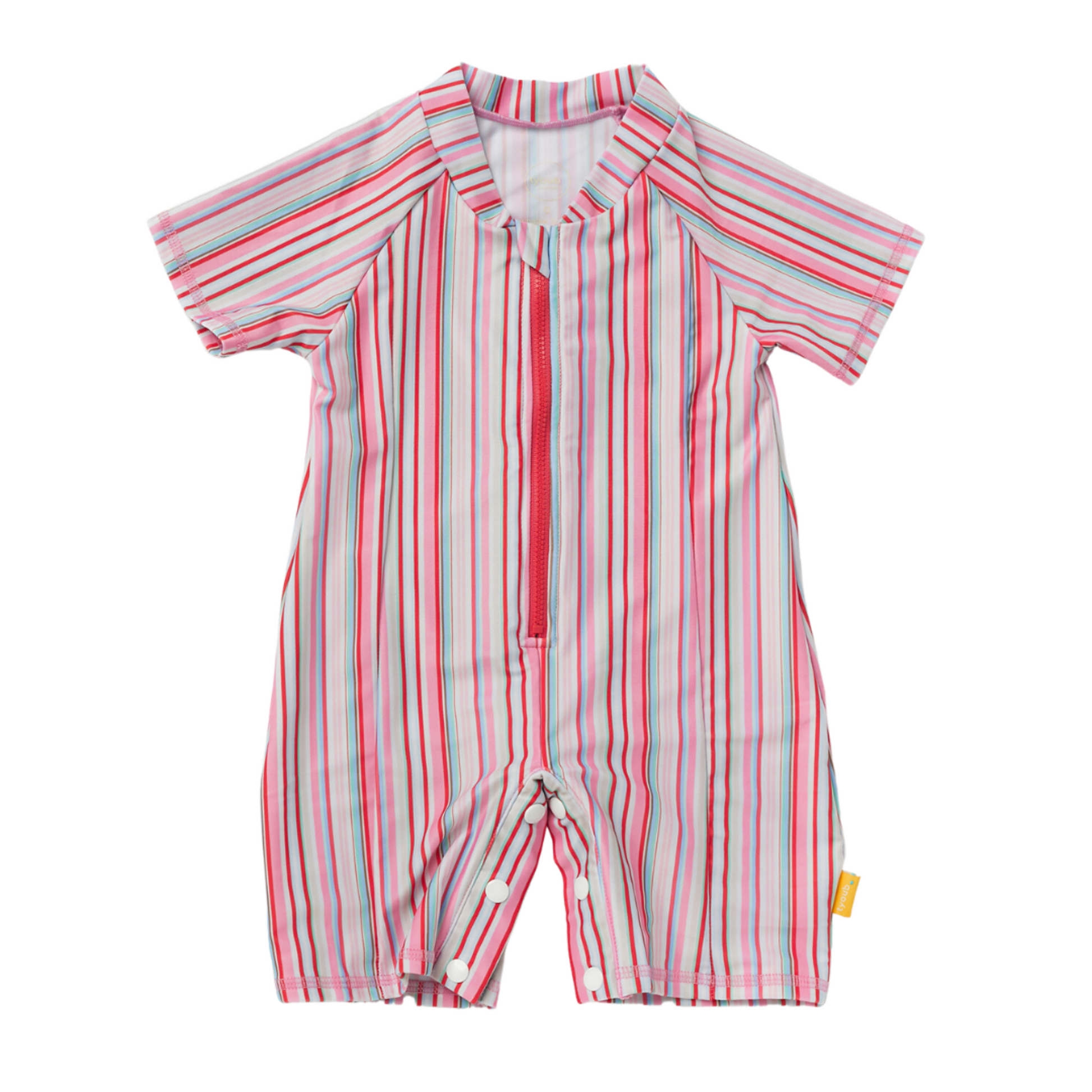 Tyoub baby explorer sunsuit in gelato stripe pink, one piece short sleeve infant swimwear designed in Australia.