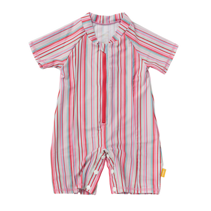Tyoub baby explorer sunsuit in gelato stripe pink, one piece short sleeve infant swimwear designed in Australia.
