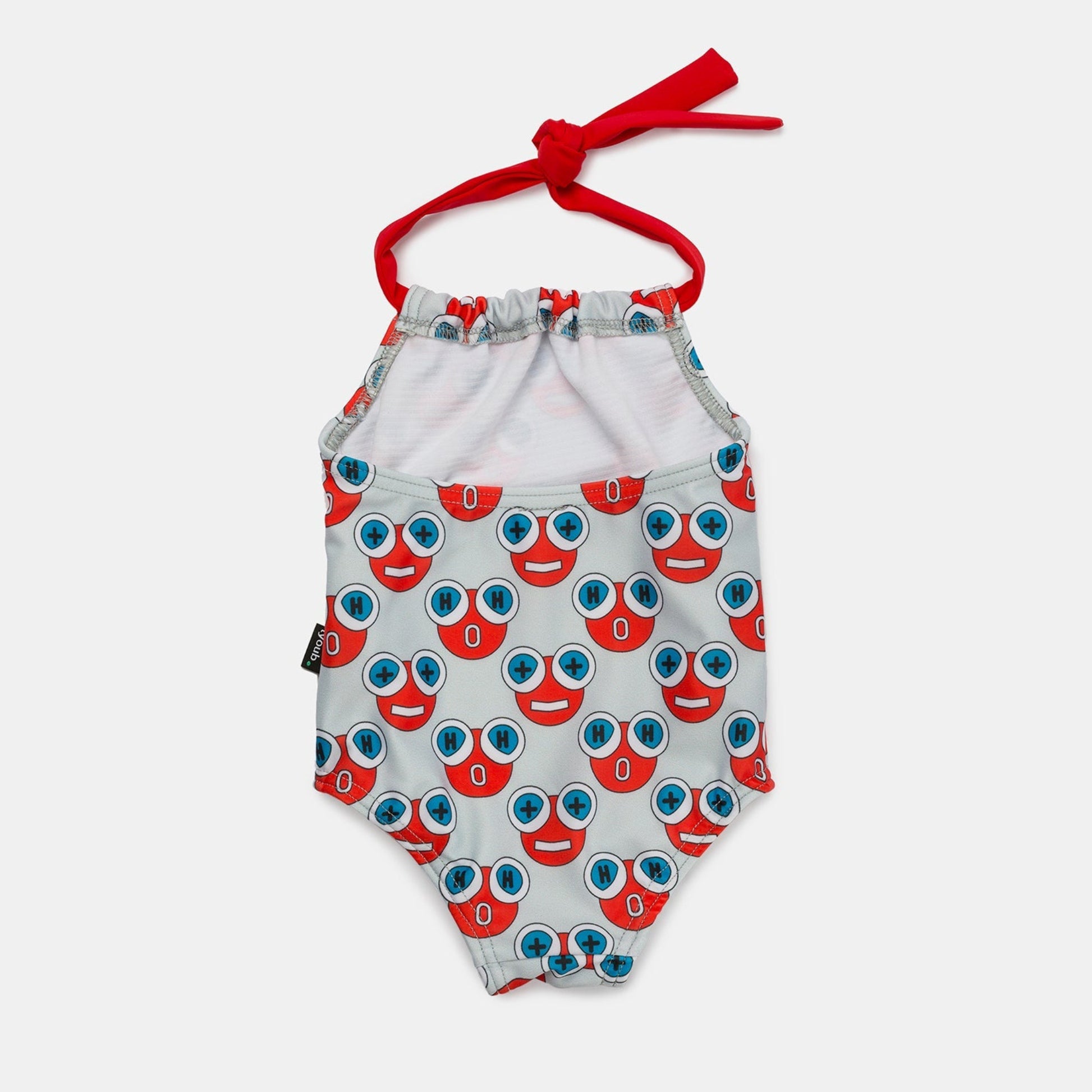 Rear view of the infant sun smart swimsuit showing the adjustable halter neck ties and flexible fit profile.