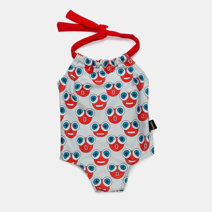 Baby one piece halter neck swimsuit in blue and orange H2O water character print, made from recycled plastic.
