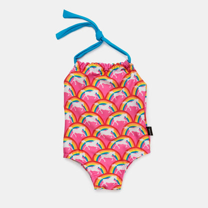 Baby girl halter neck one piece swimsuit in a pink rainbow pony unicorn print, made from recycled materials.