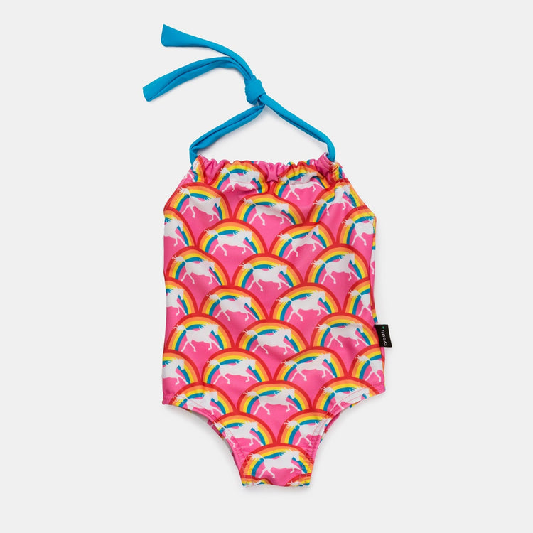 Baby girl halter neck one piece swimsuit in a pink rainbow pony unicorn print, made from recycled materials.