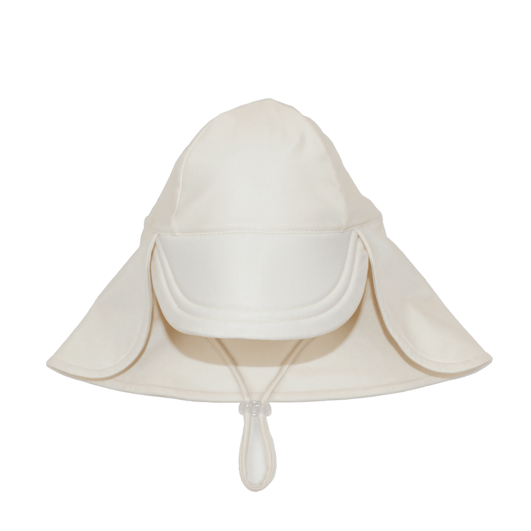 Cream Tyoub baby legionnaires swim hat featuring a deep protective sun peak and adjustable toggle chin strap.