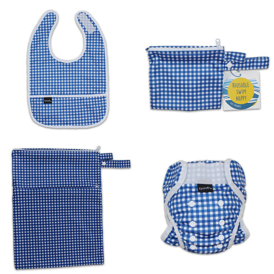 Three-piece baby swim gift set featuring an adjustable nappy, wet bag, and waterproof bib in blue check.
