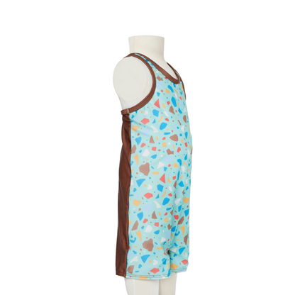 Side view of the infant sun smart zootie swimsuit showing colour change and comfortable leg openings.