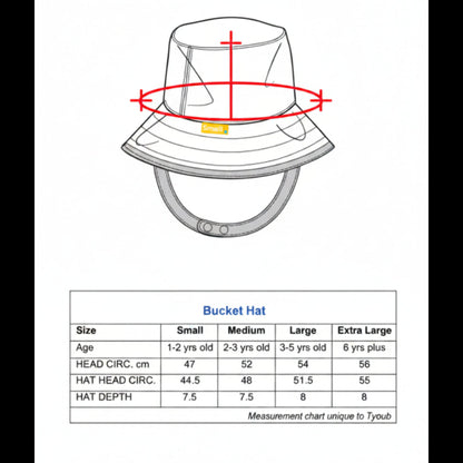 Detailed sizing chart showing full measurements for the child's bucket hat.
