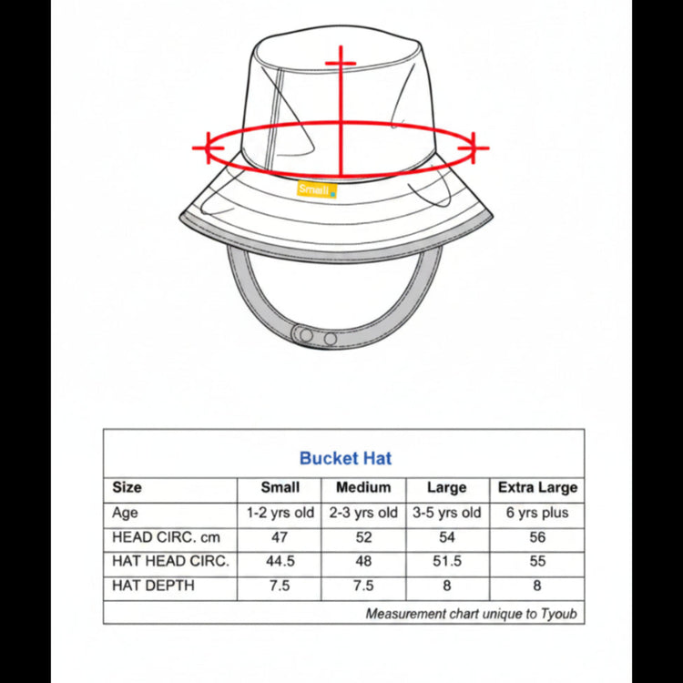 Detailed sizing chart showing full measurements for the child's bucket hat.