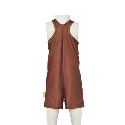 Child's one piece zootie swimsuit in sea green ocean glass color block brown back view.