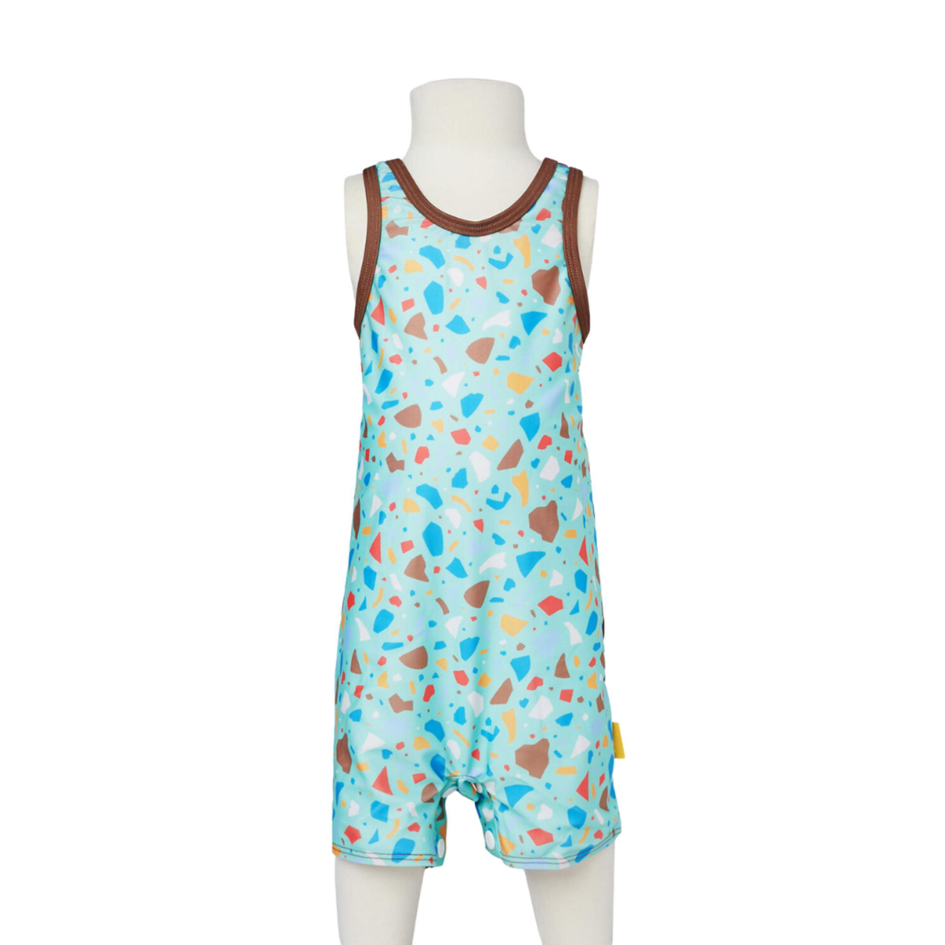Child's one piece zootie swimsuit in sea green ocean glass color block.