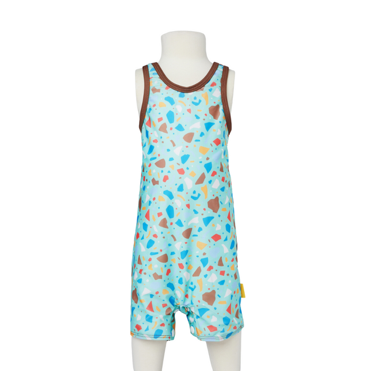 Child's one piece zootie swimsuit in sea green ocean glass color block.