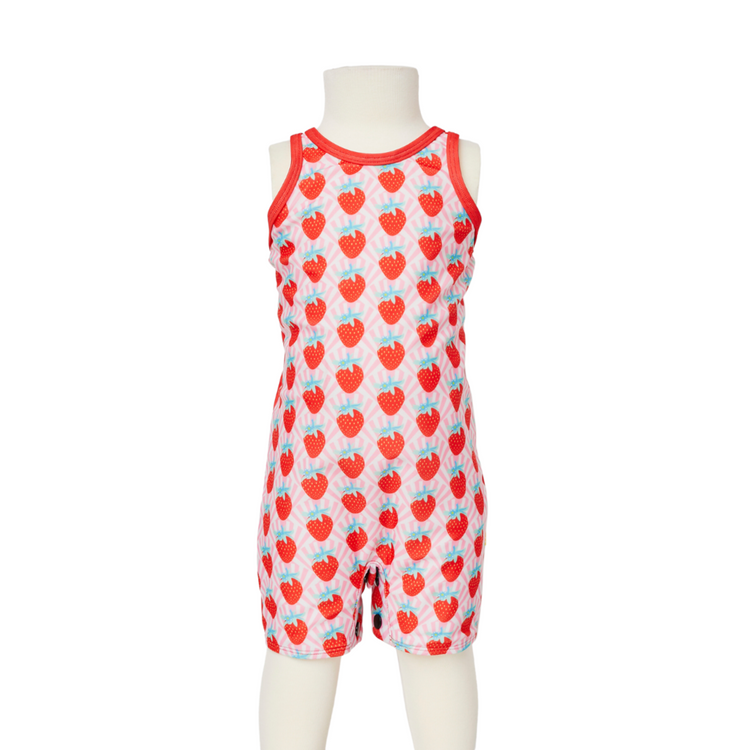 Girl one piece zootie swimsuit in a pink and red strawberry sundae repeat print, made from recycled plastic.