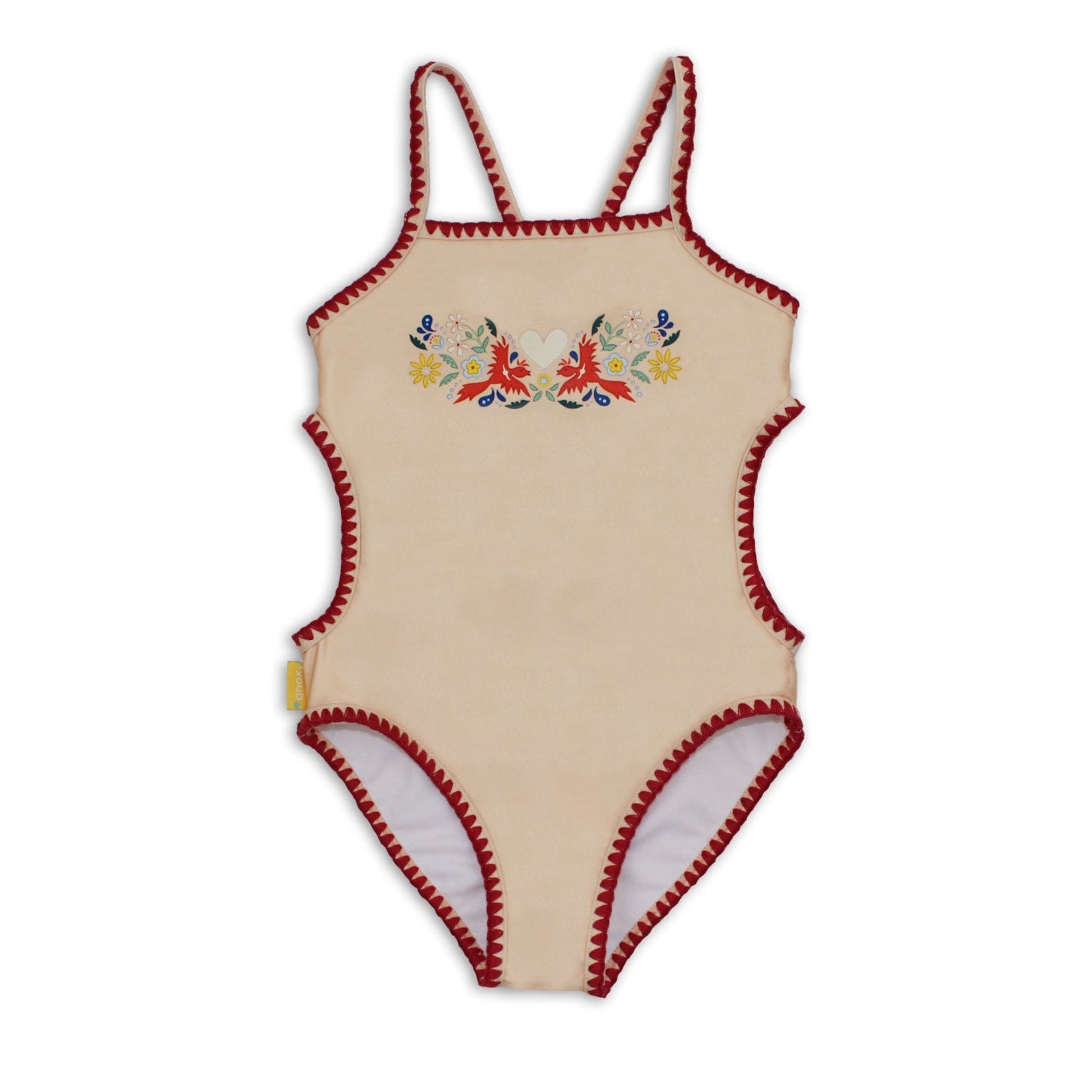 Girls vanilla cream one piece swimsuit featuring a colorful fire bird embroidered chest placement print.