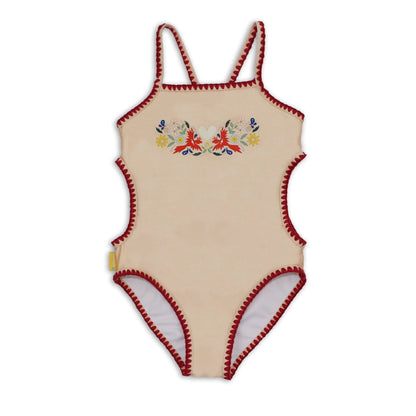 Girls vanilla cream one piece swimsuit featuring a colorful fire bird embroidered chest placement print.