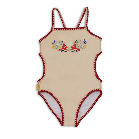 Girls vanilla cream one piece swimsuit featuring a colorful fire bird embroidered chest placement print.