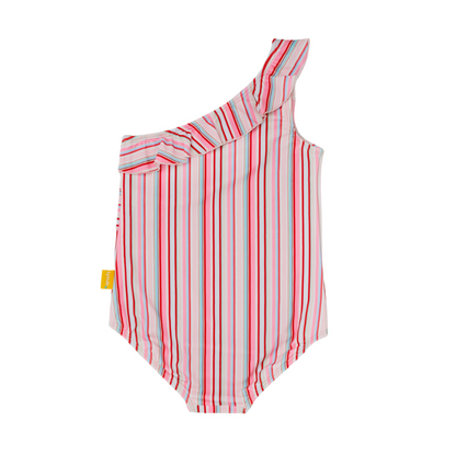 Girls off the shoulder one piece swimsuit featuring an asymmetric ruffle neckline in a pastel gelato stripe print back view.