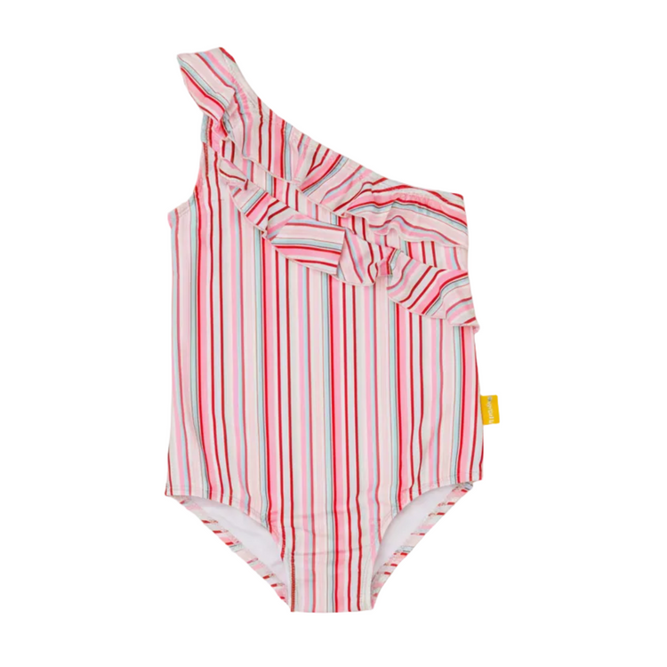 Girls off the shoulder one piece swimsuit featuring an asymmetric ruffle neckline in a pastel gelato stripe print.