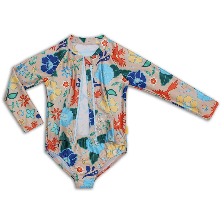 Girls one piece long sleeve surfsuit with front zip open showing construction.