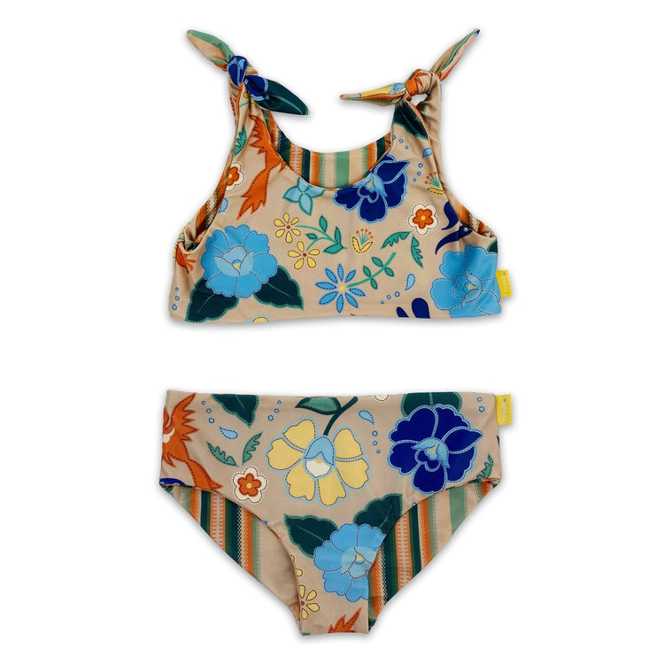 Girls reversible two piece bikini featuring a colorful floral phoenix print with matching shoulder tie straps.
