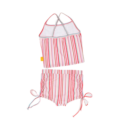 Girls two piece ruffle bikini in a pastel gelato stripe pattern showing the straps and back view.