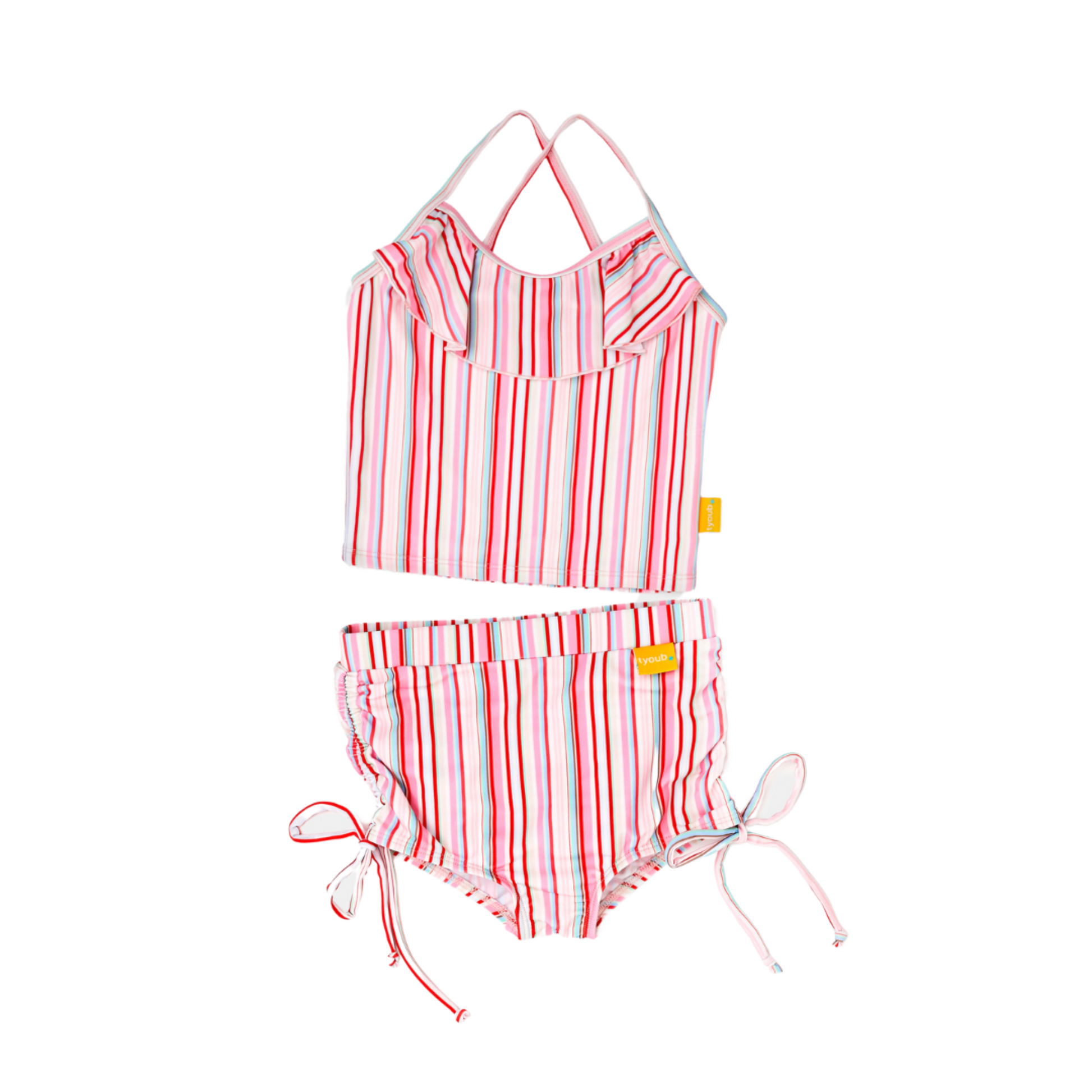 Girls two piece ruffle bikini in a pastel gelato stripe pattern featuring an asymmetrical off the shoulder design.