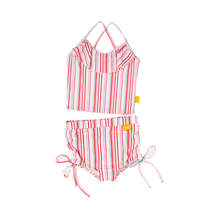 Girls two piece ruffle bikini in a pastel gelato stripe pattern featuring an asymmetrical off the shoulder design.