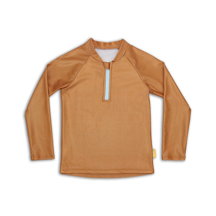 Kids long sleeve rash guard in solid terracotta clay orange with a front half zip closure.