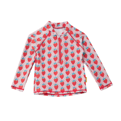 Kids long sleeve rash guard in white and pink strawberry sundae repeat pattern with a front neck zip.