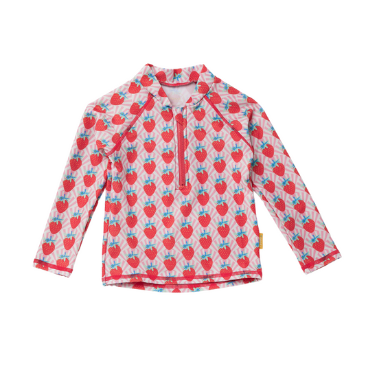 Kids long sleeve rash guard in white and pink strawberry sundae repeat pattern with a front neck zip.