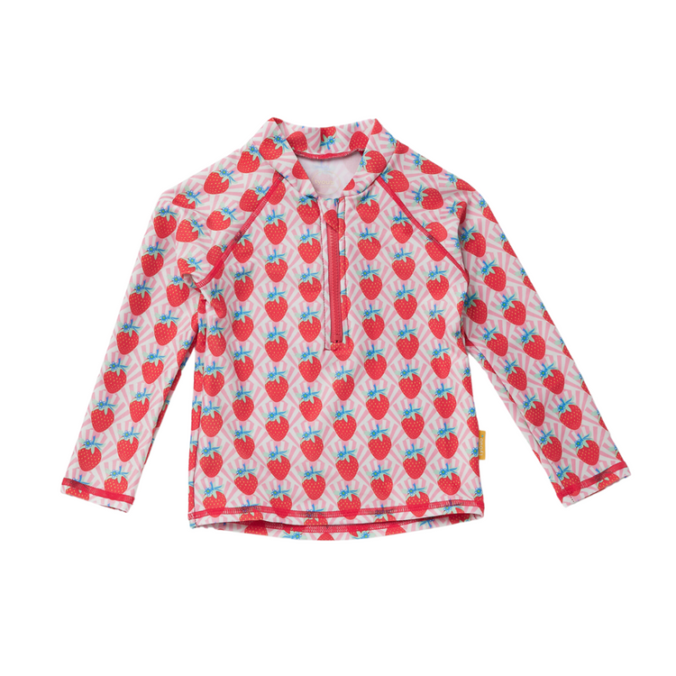 Kids long sleeve rash guard in white and pink strawberry sundae repeat pattern with a front neck zip.