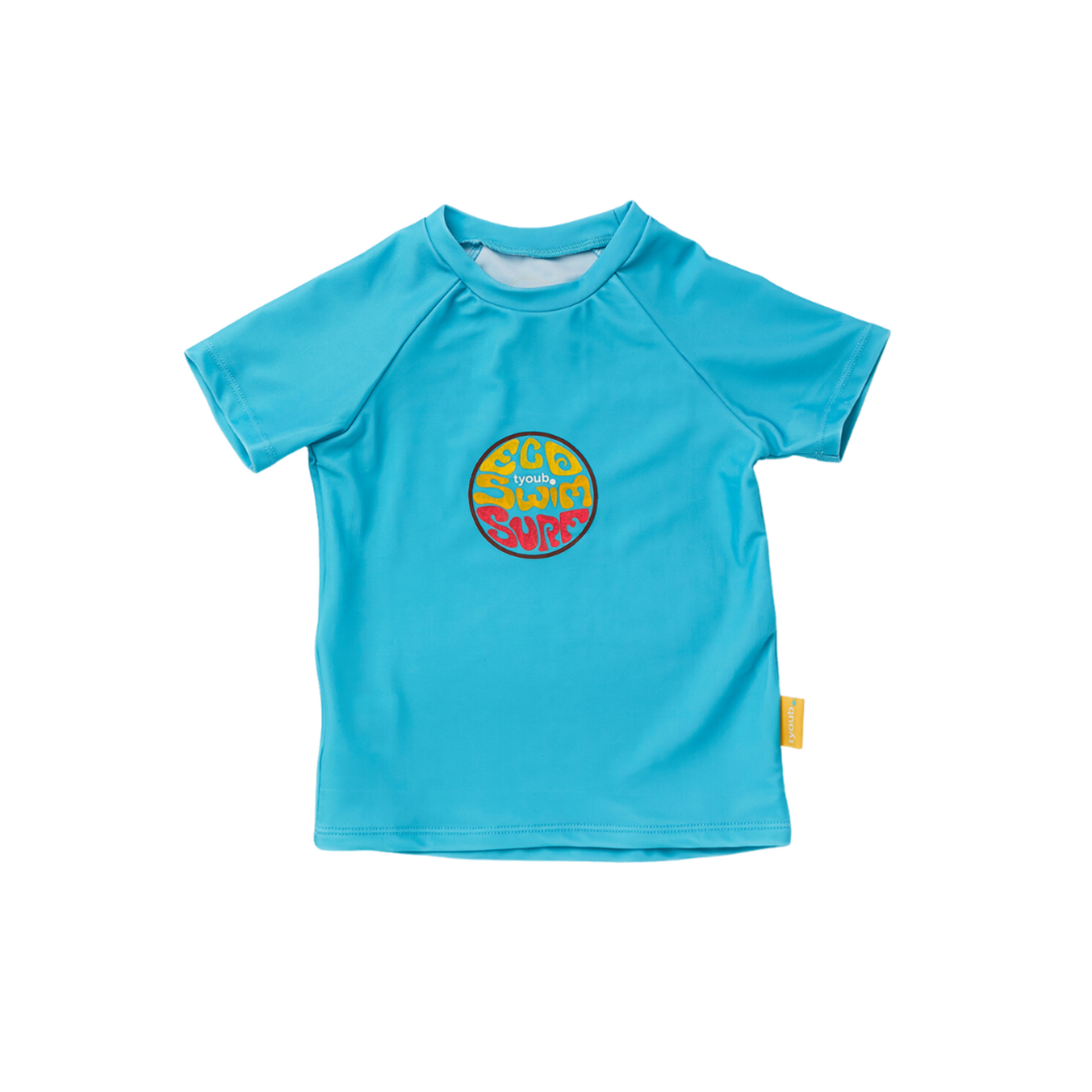 Kids long sleeve rash vest in bright aqua blue with raglan sleeves and a comfortable crew neck.