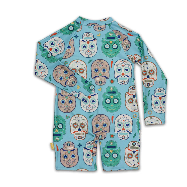 Kids long sleeve one piece sunsuit in an aqua blue Skulls Amigo sugar skull pattern showing back sun protection.
